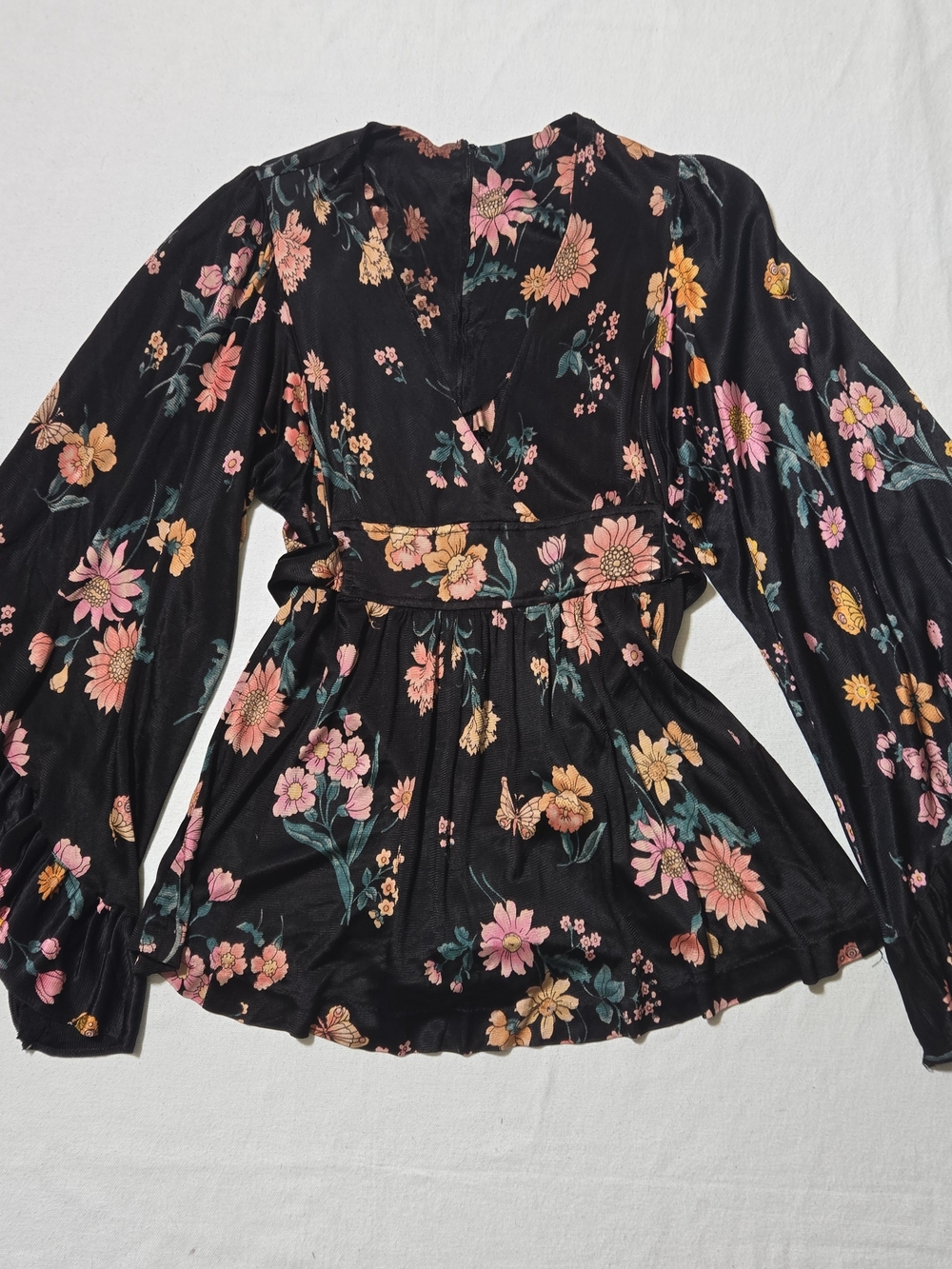 Vintage Black Floral Wrap Top with Pink & Peach Blooms